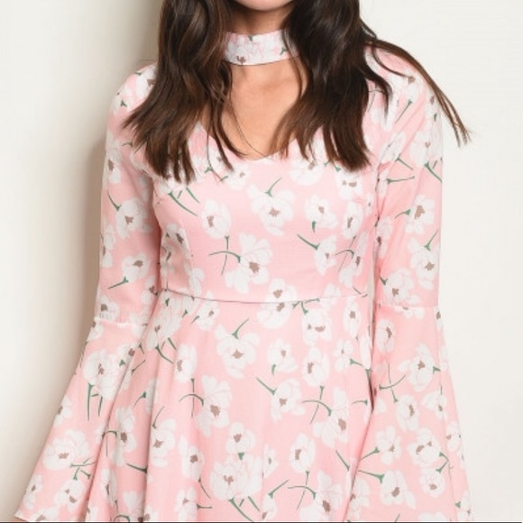 PINK FLORAL CHOKER NECK LONG SLEEVE DRESS LARGE - Picture 2 of 5